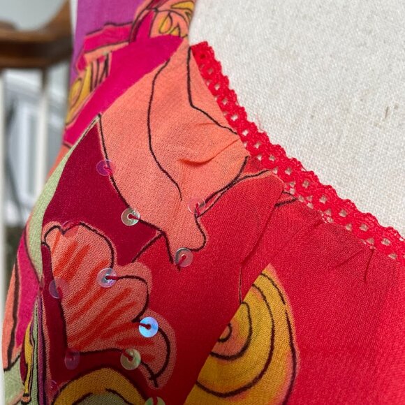 VINTAGE BOB MACKIE STUDIO SILK FLORAL REDS/ORANGES DRESS SIZE 10 PETITE - Picture 8 of 11